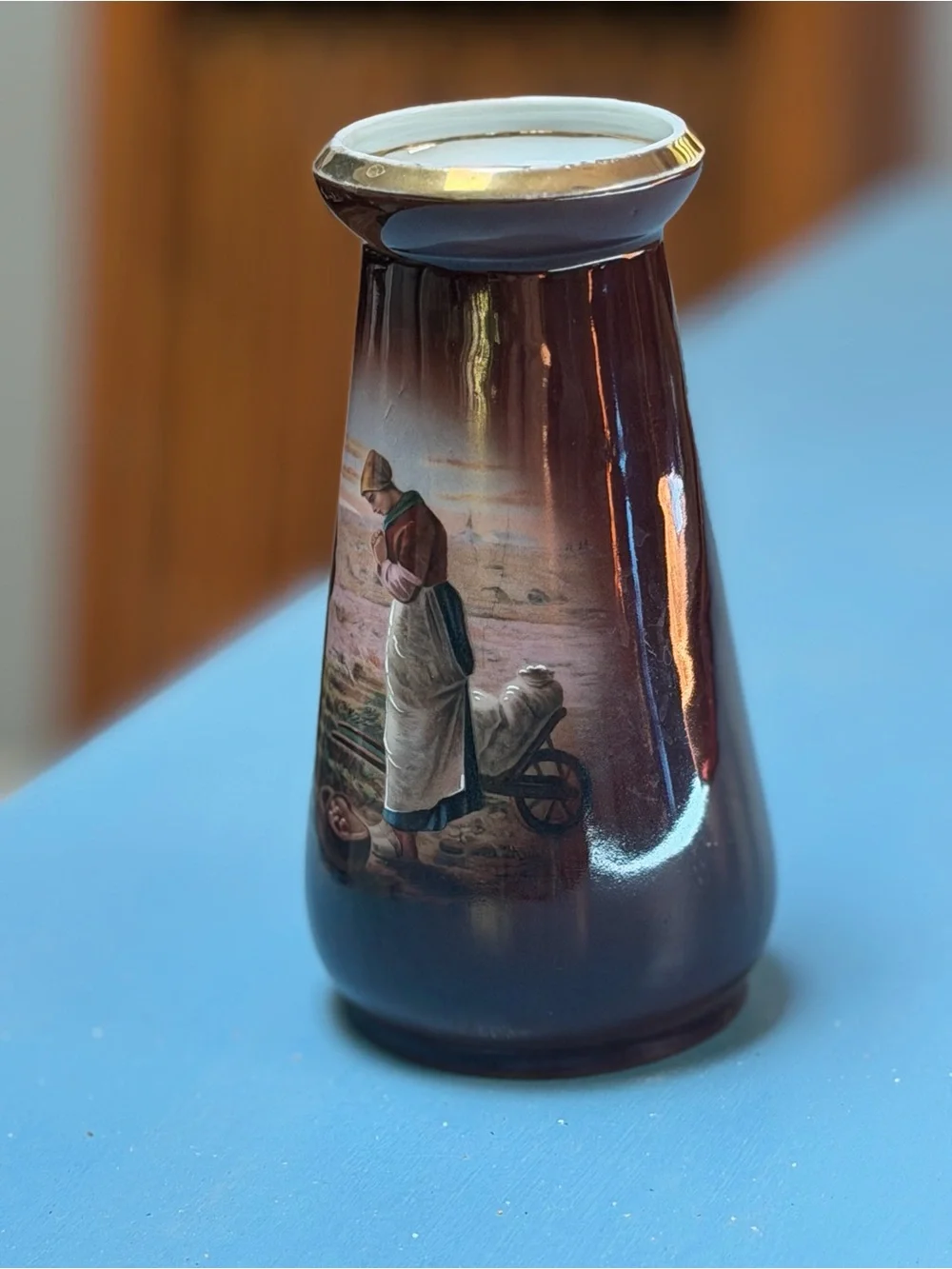 Antique Bavarian Vase - Painted Ceramic Vase in Deep Brown with Gold Rim